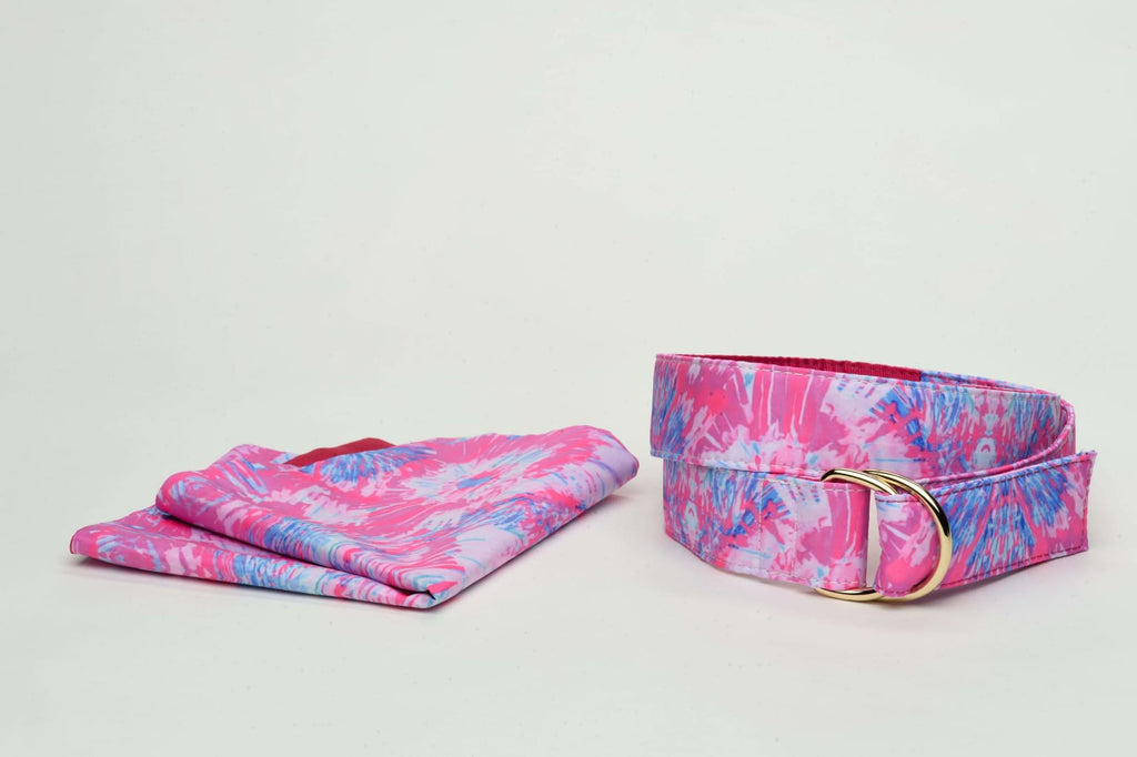 Starbursts in Pink Belt and Pocket Square Combo - Belt and 
